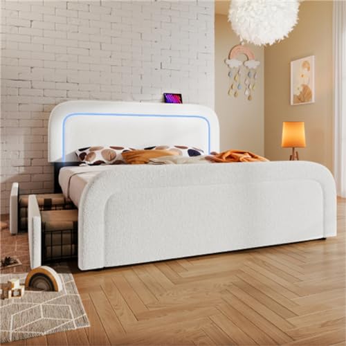 Imagen Cama tapizada con usb-c led y cajones moderna y confortable