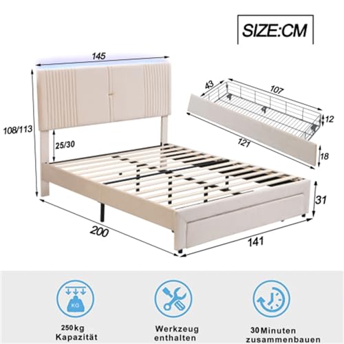 Imagen Cama doble de lujo con led usb y cajon versatil y comoda para adultos y adolescentes