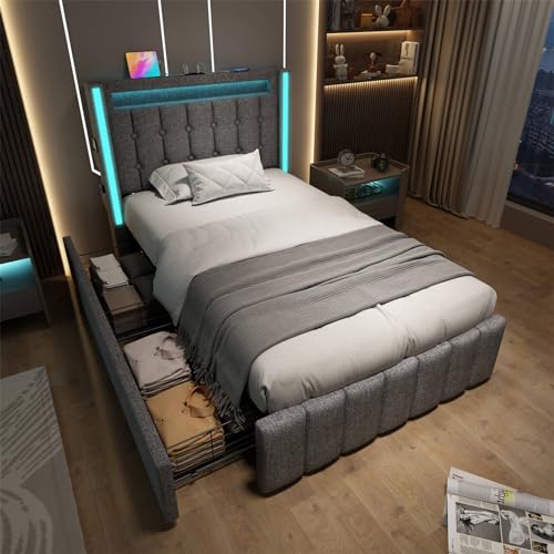 Imagen Cama individual gris con usb led y almacenaje