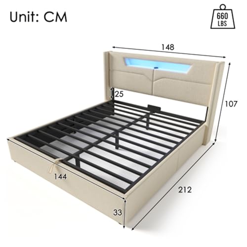 Imagen Cama doble tapizada en lino con usb y luces led