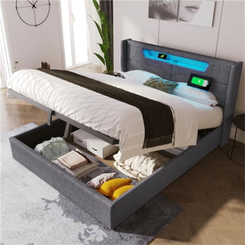 Imagen Cama doble tapizada en lino con usb y luces led