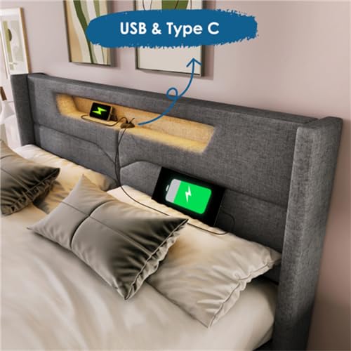 Imagen Cama doble tapizada en lino con usb y luces led