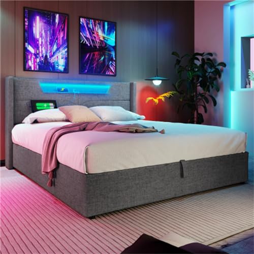 Imagen Cama doble tapizada en lino con usb y luces led