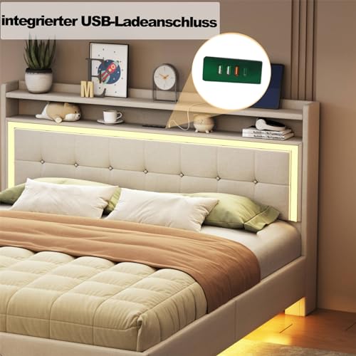 Imagen Cama tapizada beige con usb y luz led diseño moderno