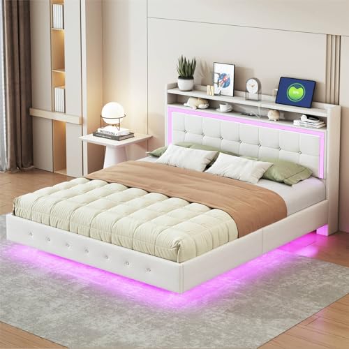 Imagen Cama tapizada beige con usb y luz led diseño moderno