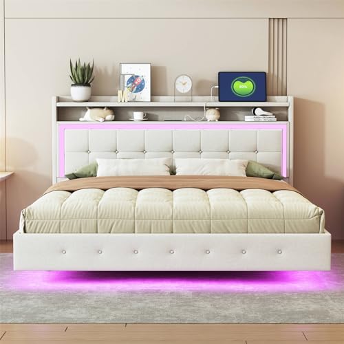 Imagen Cama tapizada beige con usb y luz led diseño moderno