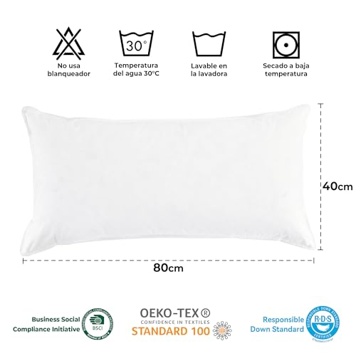 Imagen Pack 2 almohadas plumas de ganso 40x80cm 720g lavable 100 algodon