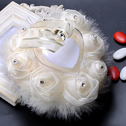 Imagen Almohada romantica para anillos de boda en forma de corazon con diamantes de imitacion de encaje y plumas de avestruz - corazon de ensueño almohada nupcial 