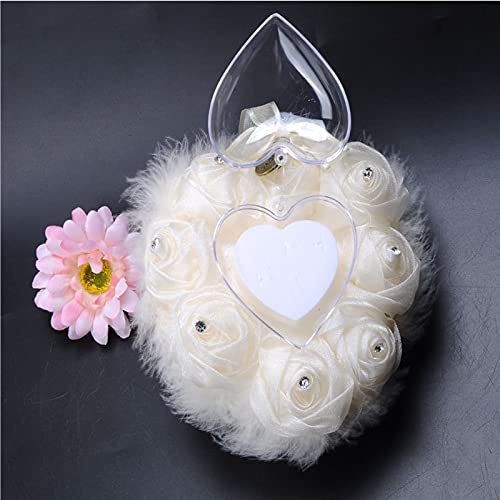 Imagen Almohada romantica para anillos de boda en forma de corazon con diamantes de imitacion de encaje y plumas de avestruz - corazon de ensueño almohada nupcial 