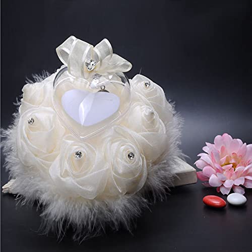 Imagen Almohada romantica para anillos de boda en forma de corazon con diamantes de imitacion de encaje y plumas de avestruz - corazon de ensueño almohada nupcial 