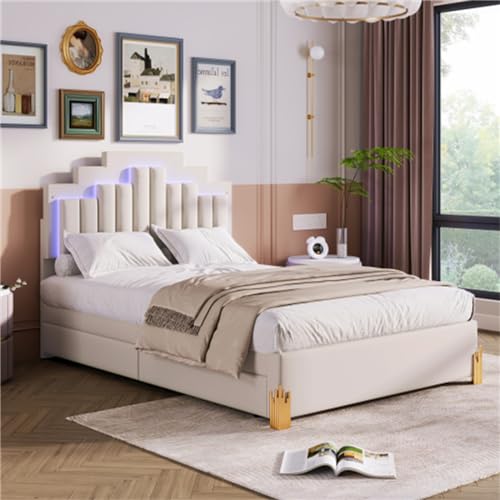 Imagen Cama doble de lujo con luces led y almacenamiento 140x200 cm - beige