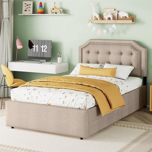 Imagen Conjunto de cama tapizada 90x200 cm con mesita de noche ajustable en beige para adultos y adolescentes