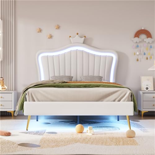 Imagen Cama de princesa con luz led y cabecero de corona en cuero pu - blanca 90x200