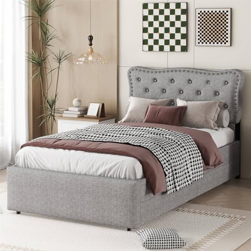 Imagen Cama tapizada con cabecera ajustable y cajones de almacenamiento - diseño elegante en gris ideal para adultos y adolescentes