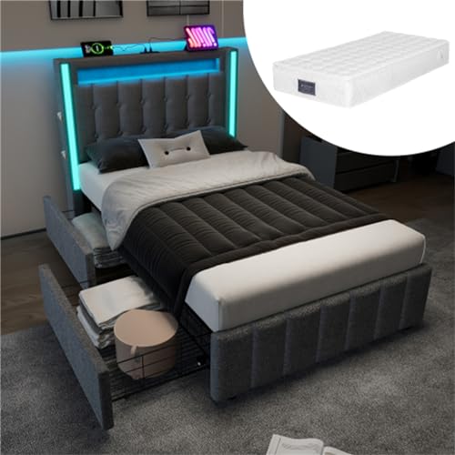 Imagen Cama tapizada con usb led y cajones madera maciza tela gris ideal para sala