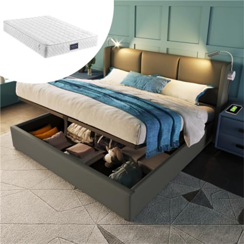 Imagen Cama doble tapizada con almacenamiento y luz usb perfecta para comodidad y conveniencia - 160x200cm gris