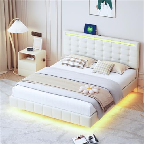 Imagen Descansa con estilo en la cama flotante tapizada con luces led y ropa de cama agradable para la piel 