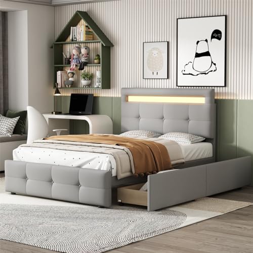 Imagen Cama tapizada con luces led y cajones de almacenamiento