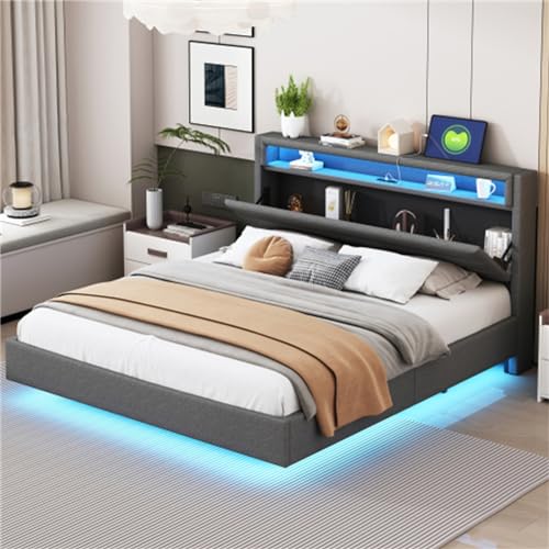 Imagen Cama tapizada multifuncional con luces led y usb gris tamaño 160x200