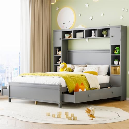 Imagen Cama de madera maciza 140x200 con almacenamiento y armario diseño elegante en gris