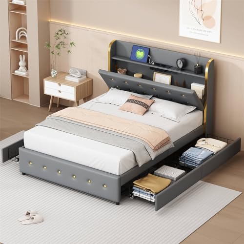 Imagen Cama doble tapizada 140x200 cm con puertos usb y cajones modernidad y funcionalidad en gris