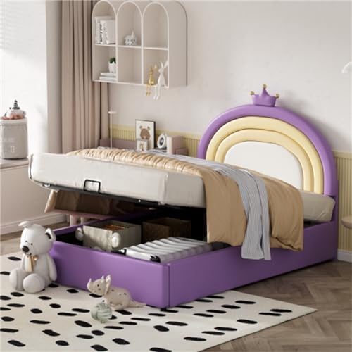 Imagen Cama hidraulica tapizada con cabecera ajustable y diseño de arcoiris morado