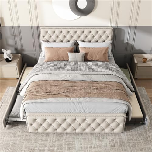 Imagen Cama doble con almacenamiento cabecera ajustable y detalles en beige