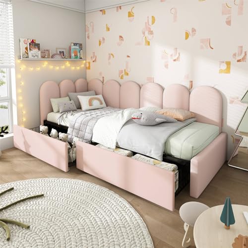 Imagen Cama rosa con almacenamiento y sofa cama para espacios pequeños 