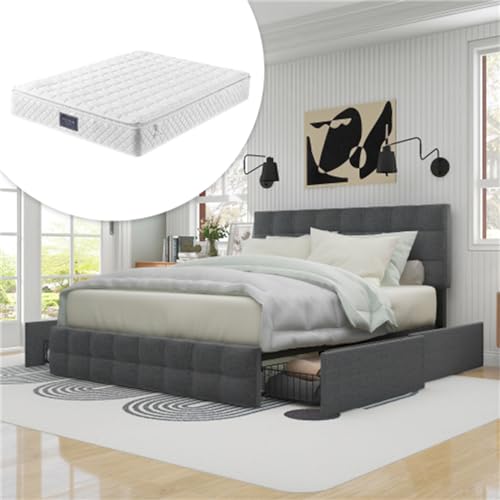 Imagen Cama doble tapizada con almacenamiento y cabecera ajustable en gris ideal para adultos y adolescentes