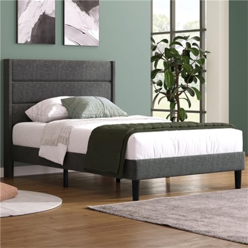 Imagen Cama doble tapizada en lino gris con diseño moderno