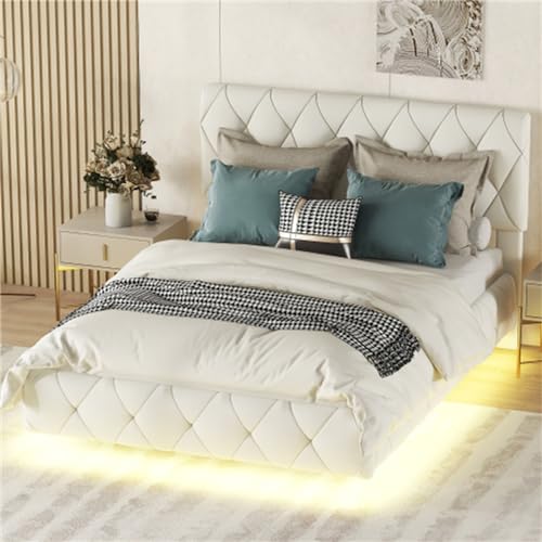 Imagen Cama tapizada flotante de diseño moderno con luz led