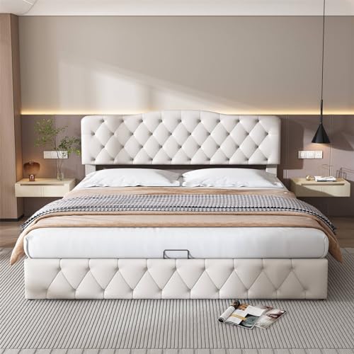 Imagen Cama doble tapizada con cabecera ajustable en blanco moderna sencilla y elegante