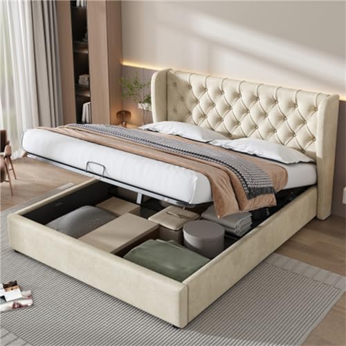 Imagen Cama tapizada con almacenaje hidraulico en beige tejidos suaves y elegantes