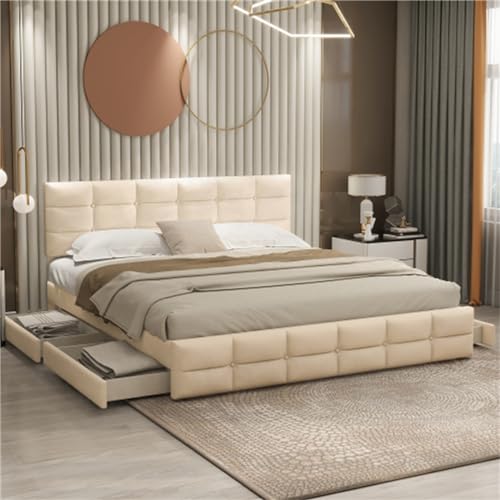 Imagen Duerme como reyes cama doble tapizada con 4 cajones y estructura de acero - beige