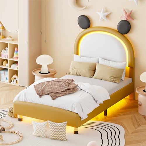 Imagen Cama infantil moderna con luces led amarillo-marron cabecero ajustable