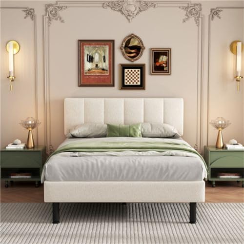 Imagen Cama tapizada con patas de hierro y somier de laminas diseño sencillo en tela especial beige comoda y duradera