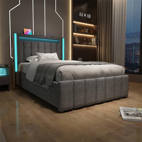 Imagen Cama individual gris con usb led y almacenaje