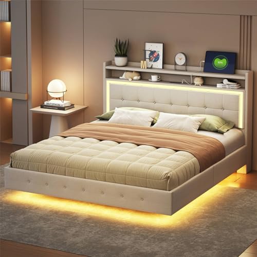 Imagen Cama tapizada beige con usb y luz led diseño moderno