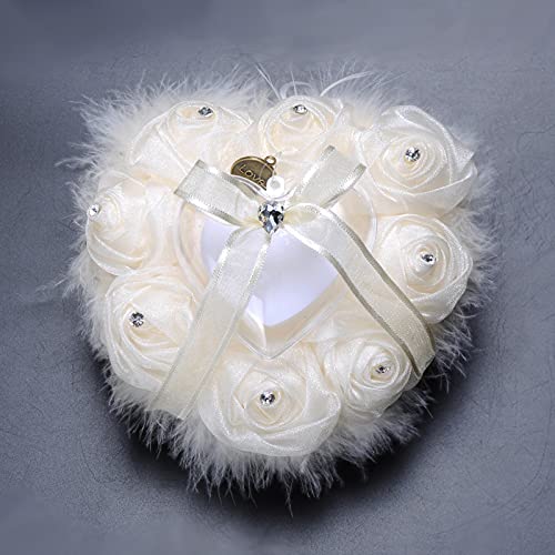 Imagen Almohada romantica para anillos de boda en forma de corazon con diamantes de imitacion de encaje y plumas de avestruz - corazon de ensueño almohada nupcial 